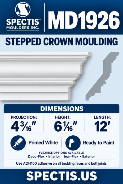 MD1926 Stepped Crown Moulding — Polyurethane — 4 3⁄16″ P × 6 1⁄16″ H × 12′ L — moulding and matching side profile
