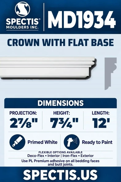 Spectis MD1934 crown with flat base, section and side profile. 2⅞ inch projection, 7¾ inch height, 12 foot length. Use PL Premium adhesive. Flexible options: Deco-Flex for interior use; Iron-Flex for exterior use.