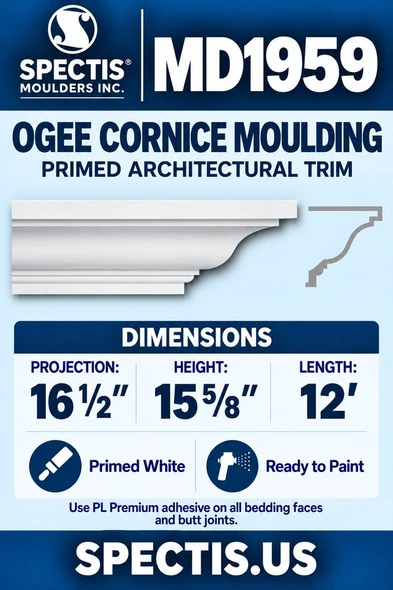 MD1959 Ogee Cornice Moulding with matching side profile — 16½″ projection × 15⅝″ height × 12′ length
