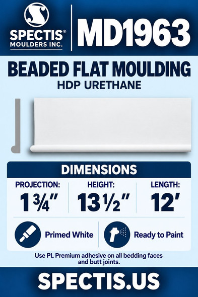 MD1963 Beaded Flat Moulding and matching side profile — 1¾″ projection × 13½″ height × 12′ length