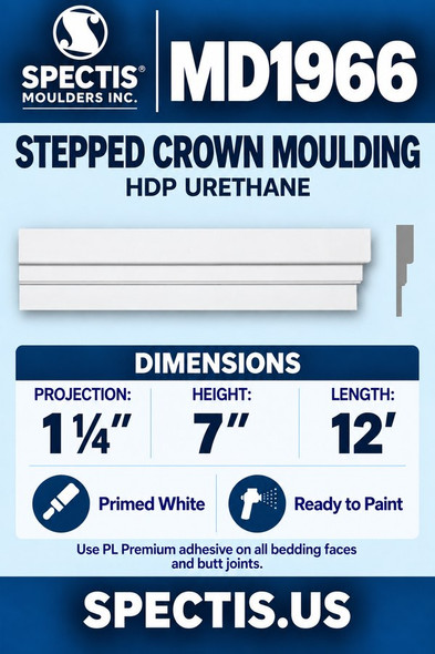 MD1966 Stepped Crown Moulding with matching side profile — 1¼″ projection × 7″ height × 12′ length