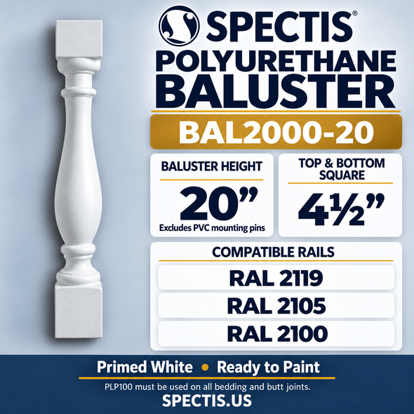 BAL2000-20 Spectis Polyurethane Baluster — 20″ H × 4 1/2″ Square; compatible rails: RAL 2119, RAL 2105, RAL 2100