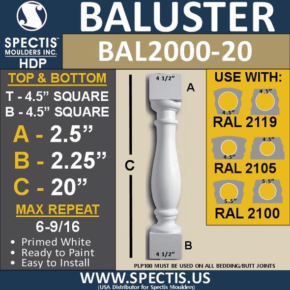 BAL2000-20 Urethane Baluster or spindle  4 1/2"W X 20"H