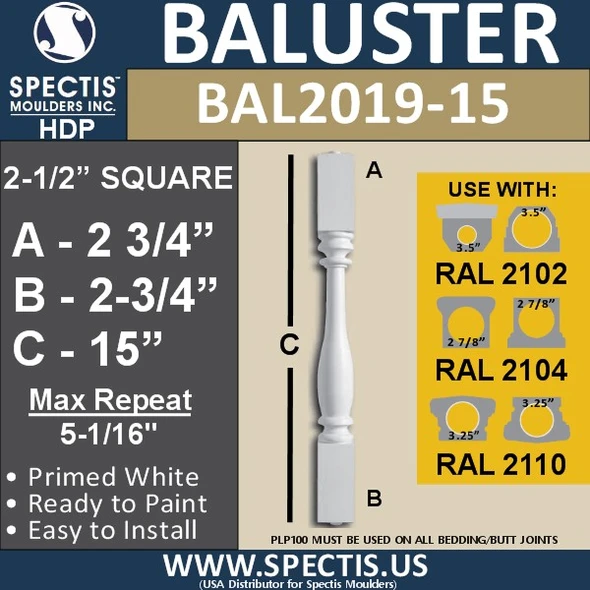 BAL2019-15 Urethane Baluster or Spindle 2 1/2"W X 15"H