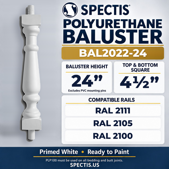 BAL2022-24 Spectis Polyurethane Baluster — 24″ H × 4 1/2″ Square; compatible rails: RAL 2111, RAL 2105, RAL 2100