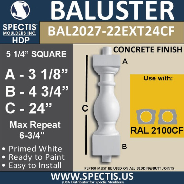 BAL2027-22EXT24CF Concrete Finish Baluster 5 1/4"W X 24"H