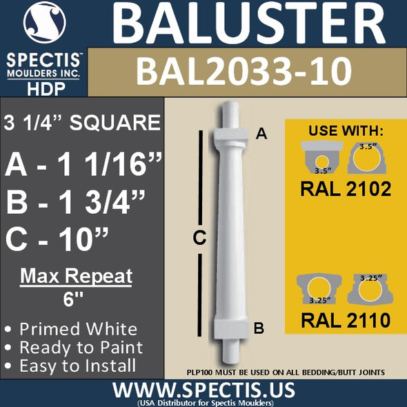 BAL2033-10 Smooth Tapered Baluster 3 1/4" x 10"
