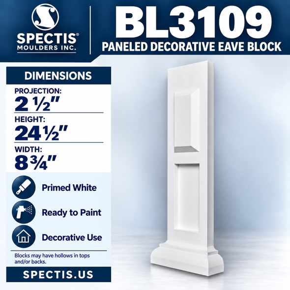 BL3109 Paneled Decorative Eave Block 8.75"W x 24.5"H x 2.5"P