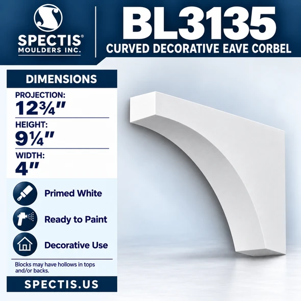 BL3135 Curved Decorative Eave Corbel 4"W x 9.25"H x 12.75"P