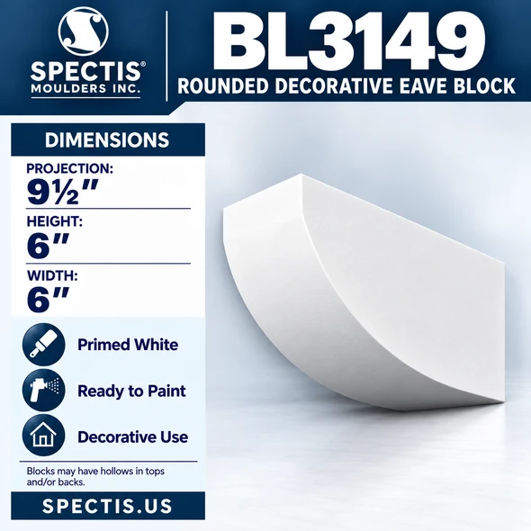 BL3149 Rounded Decorative Eave Block 6"W x 6"H x 9.5"P