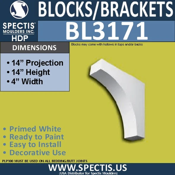 BL3171 Curved Decorative Eave Corbel 4"W x 14"H x 14"P
