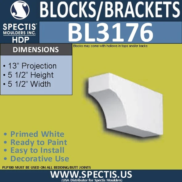 BL3176 Coved Decorative Eave Block – 5½″ W × 5½″ H × 13″ Projection