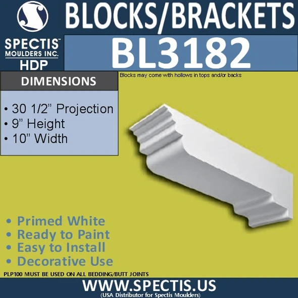 BL3182 Moulded Decorative Eave Block – 10″ W × 9″ H × 30½″ Projection
