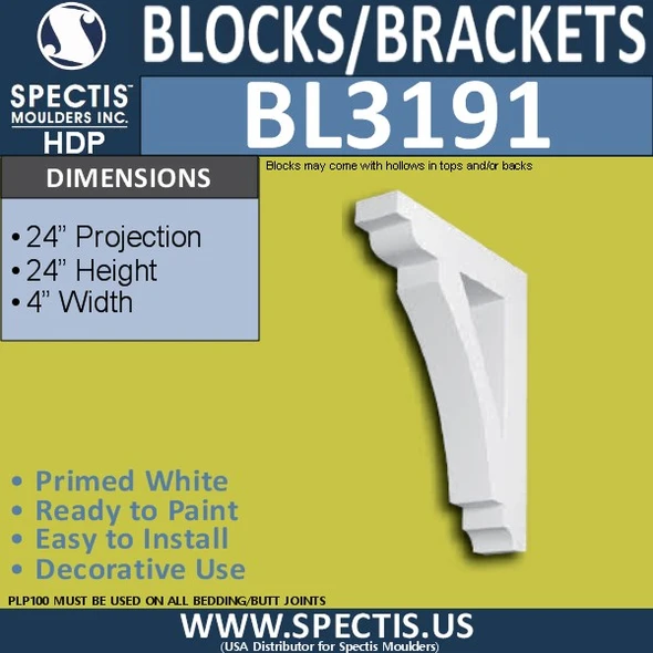 BL3191 Curved Decorative Eave Bracket – 4″ W × 24″ H × 24″ Projection