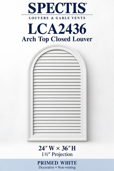 LCA2436 Arch Top Closed Louver — 24″ W × 36″ H × 1½″ projection — primed white, decorative and non-venting