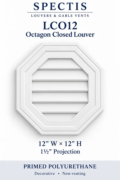 LCO12 Octagon Closed Louver — 12″ W × 12″ H × 1½″ projection — decorative, non-venting