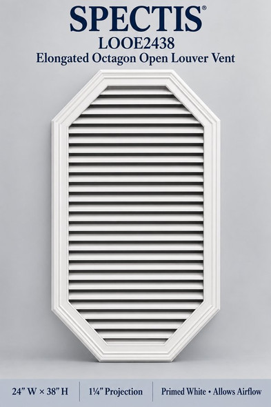 LOOE2438 Elongated Octagon Open Louver Vent — 24″ W × 38″ H — Primed White