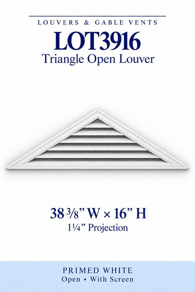 LOT3916 Triangle Open Louver Vent — 38 3/8″ W × 16″ H — Primed White