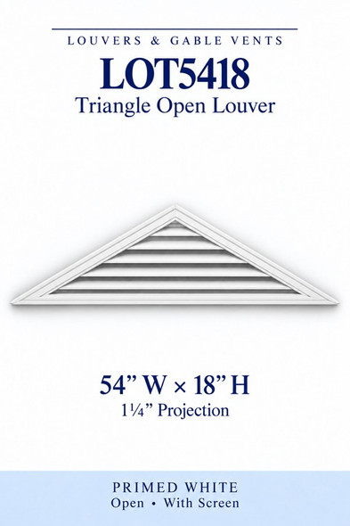 LOT5418 Triangle Open Louver Vent — 54″ W × 18″ H — Primed White