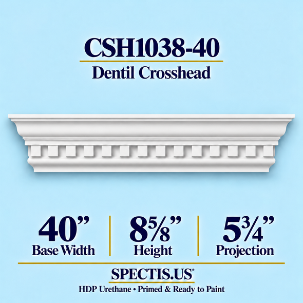 CSH1038-40 dentil door and window crosshead, 40 inch base width x 8⅝ inch height x 5¾ inch projection, primed HDP urethane