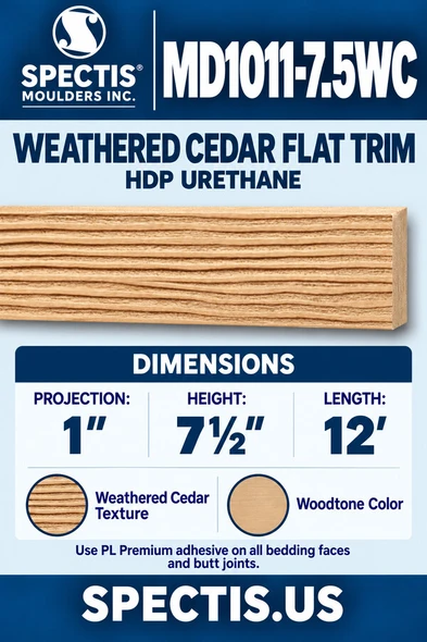 MD1011-7.5WC Weathered Cedar Flat Trim — HDP Urethane — 1″ P × 7½″ H × 12′ L