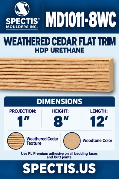 MD1011-8WC Weathered Cedar Flat Trim — HDP Urethane — 1″ P × 8″ H × 12′ L