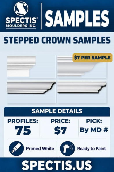 Spectis stepped crown moulding samples, 75 profiles, $7 per sample