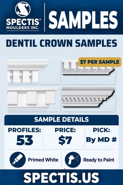 Spectis dentil crown moulding samples, 53 profiles, $7 per sample