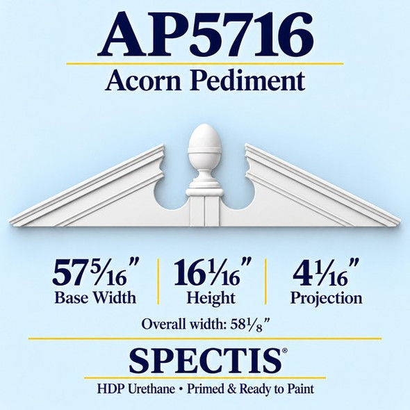 AP5716 Acorn Pediment – 57 5/16 inch base width x 16 1/16 inch height x 4 1/16 inch projection – primed HDP urethane door and window trim