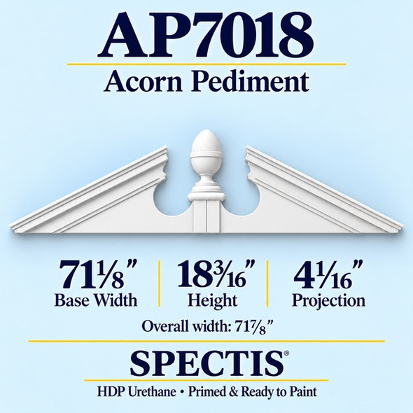 AP7018 Acorn Pediment – 71 1/8 inch base width x 18 3/16 inch height x 4 1/16 inch projection – primed HDP urethane door and window trim