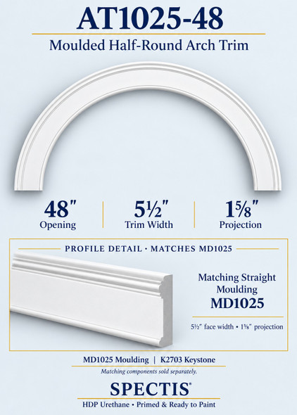 AT1025-48 moulded half-round HDP urethane arch trim, 48-inch opening, with MD1025 profile detail and matching K2703 keystone; 5.5-inch face, 1.625-inch projection