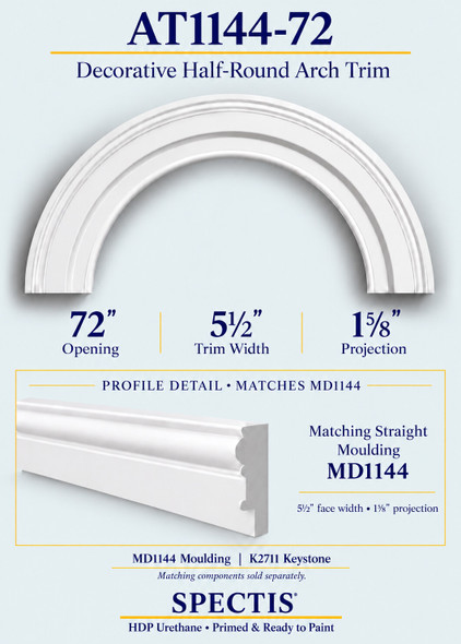 AT1144-72 decorative half-round HDP urethane arch trim for a 72-inch opening with matching MD1144 moulding profile and K2711 keystone information