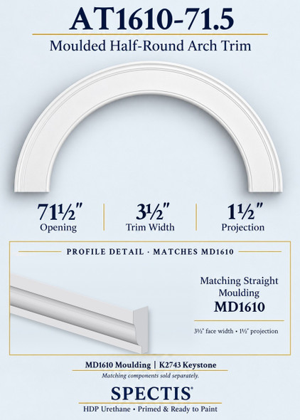 AT1610-71.5 moulded half-round arch trim, 71 1/2-inch opening, with MD1610 profile detail; 3 1/2-inch face, 1 1/2-inch projection