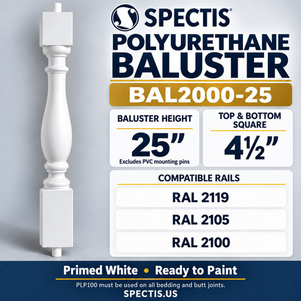 BAL2000-25 Spectis polyurethane baluster, 25-inch body height excluding PVC mounting pins, 4½-inch square ends; compatible rails RAL 2119, RAL 2105, RAL 2100.