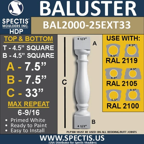 BAL2000-25ext33 Urethane Baluster or Spindle 4 1/2"W X 33"H