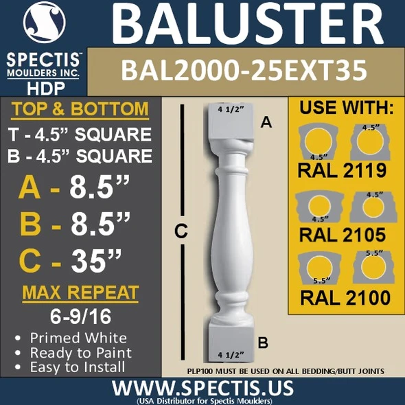 BAL2000-25ext35 Urethane Baluster or Spindle 4 1/2"W X 35"H