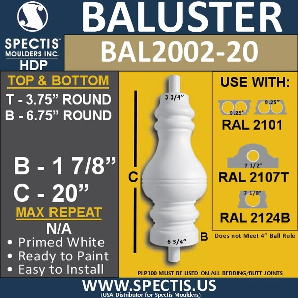 BAL2002-20 Urethane Baluster or Spindle 3 3/4"W X 20"H