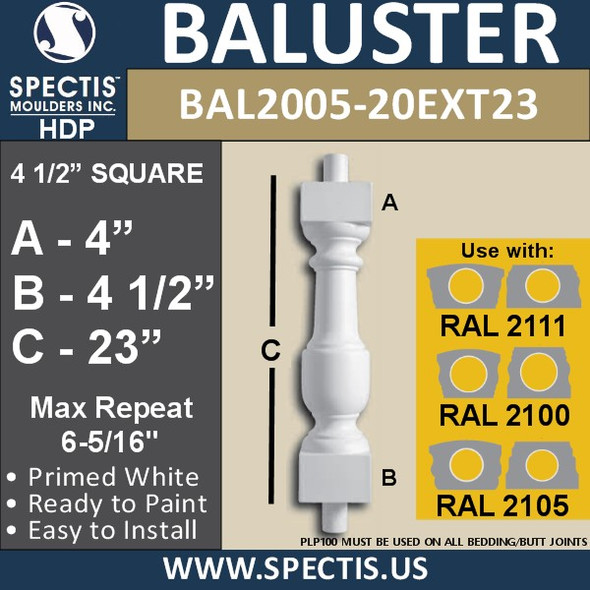 BAL2005-20EXT23 Urethane Baluster or Spindle 4 1/2"W X 23"H