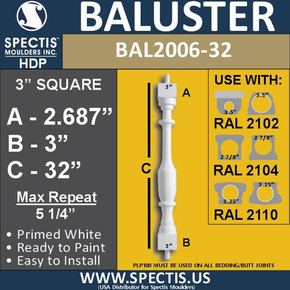 BAL2006-32 Urethane Baluster or Spindle 3"W X 32"H
