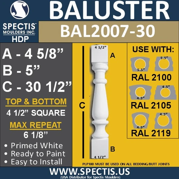 BAL2007-30 Urethane Baluster or Spindle 4 1/2"W X 30 1/2"H