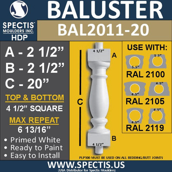 BAL2011-20 Urethane Baluster or Spindle 4 1/2"W X 20"H
