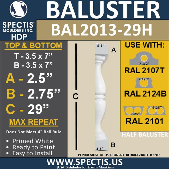 BAL2013-29H Urethane Baluster or Spindle 3 1/2"W X 29"H