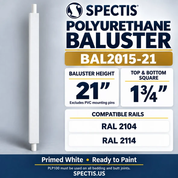 BAL2015-21 Spectis polyurethane baluster, 21-inch body height excluding PVC mounting pins; product profile, dimensions and compatible rails.