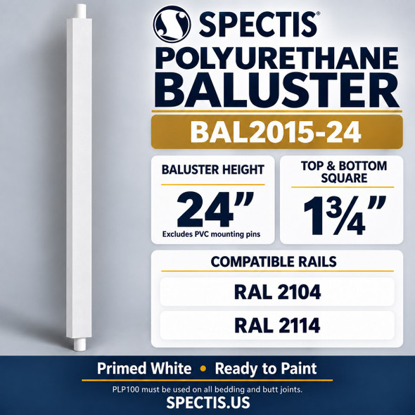 BAL2015-24 Spectis polyurethane baluster, 24-inch body height excluding PVC mounting pins; product profile, dimensions and compatible rails.