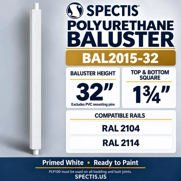 BAL2015-32 Spectis polyurethane baluster, 32-inch body height excluding PVC mounting pins; product profile, dimensions and compatible rails.