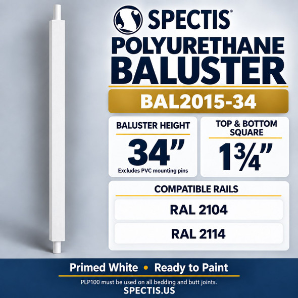 BAL2015-34 Spectis polyurethane baluster, 34-inch body height excluding PVC mounting pins; product profile, dimensions and compatible rails.