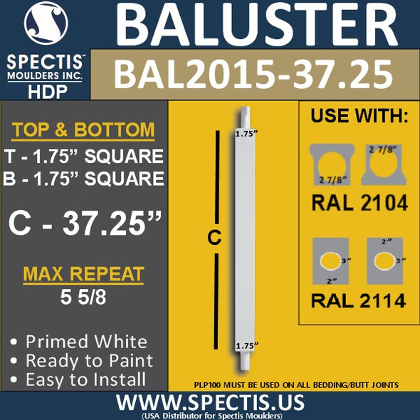 BAL2015-37.25 Urethane Baluster or Spindle 1 3/4"W X 37 1/2"H