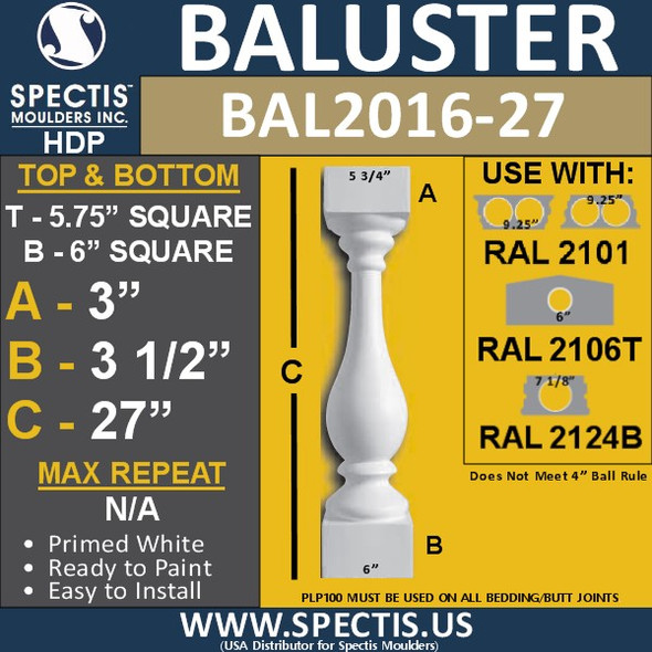 BAL2016-27 Urethane Baluster or Spindle 5 3/4"W X 27"H