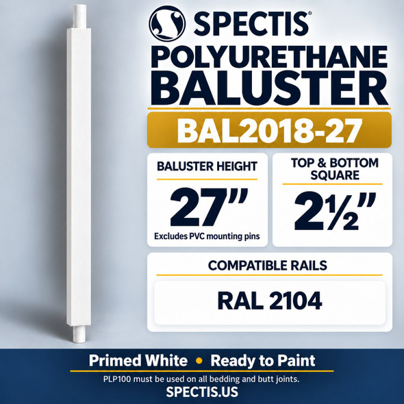 BAL2018-27 Spectis polyurethane baluster, 27-inch body height excluding PVC mounting pins; product profile, dimensions and compatible rails.