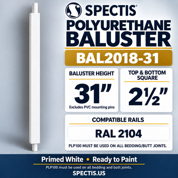 BAL2018-31 Spectis polyurethane baluster, 31-inch body height excluding PVC mounting pins; product profile, dimensions and compatible rails.
